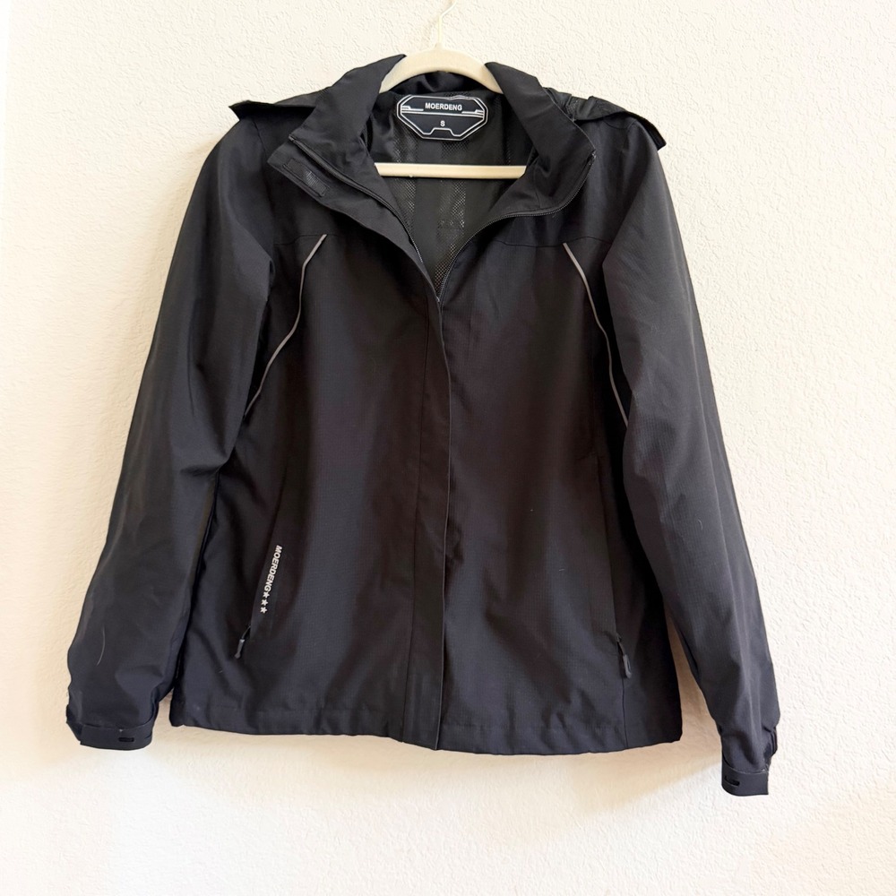 MOERDENG Mens Black Hooded Windbreaker Rain Jacket Size S Reflective Techwear